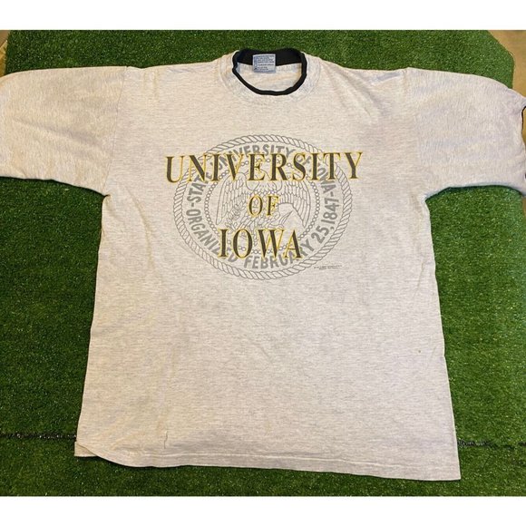 Vintage Volunteer Knit Iowa Hawkeyes college seal spell out t-shirt large gray - Picture 2 of 10